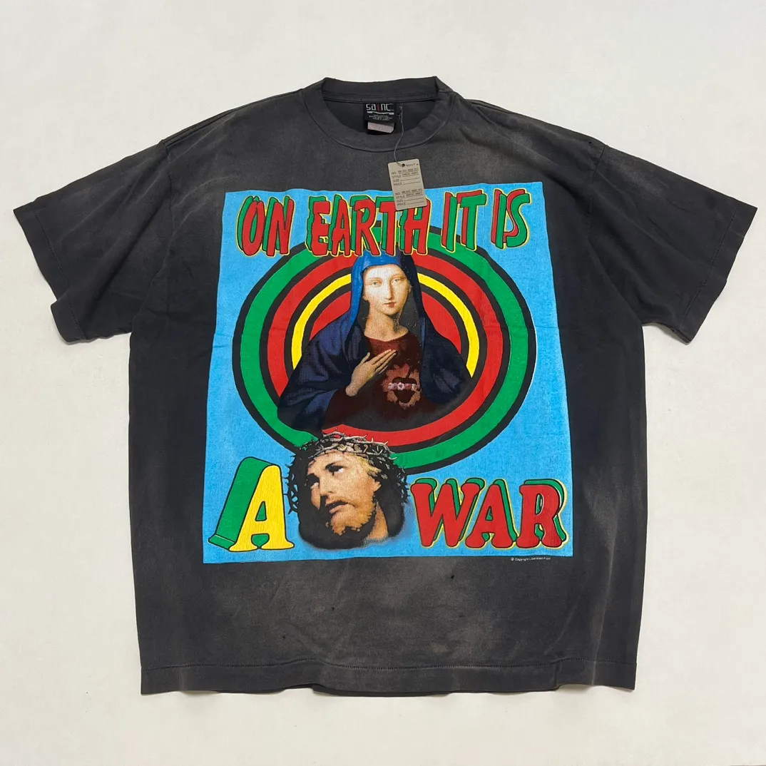 SAINT MICHAEL SS TEE/ON EARTH/BLK Jesus, Mary, Holy Infant Earth TEE Ready-to-wear Assut special piece dyeing, washed and distressed Vintage process, front and rear super complex super large printing, top purchasing agent technology